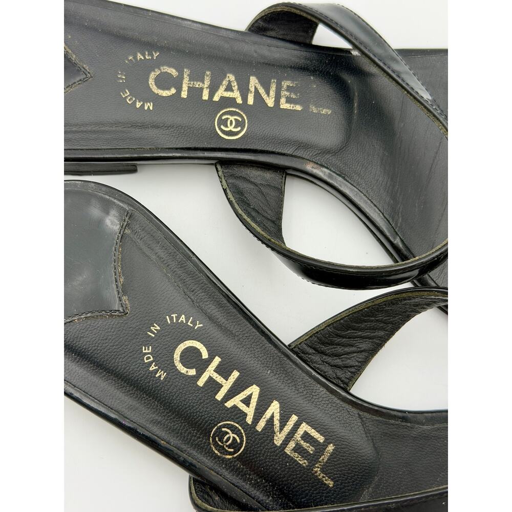 Chanel Toe Ring Sandal Black Leather Gold Interlocking CC Logo Size 39.5 / 9.5 - Picture 9 of 15